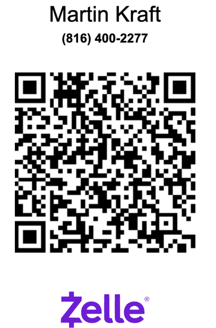 QR code to send a Zelle donation to Martin Kraft, (816) 400-2277